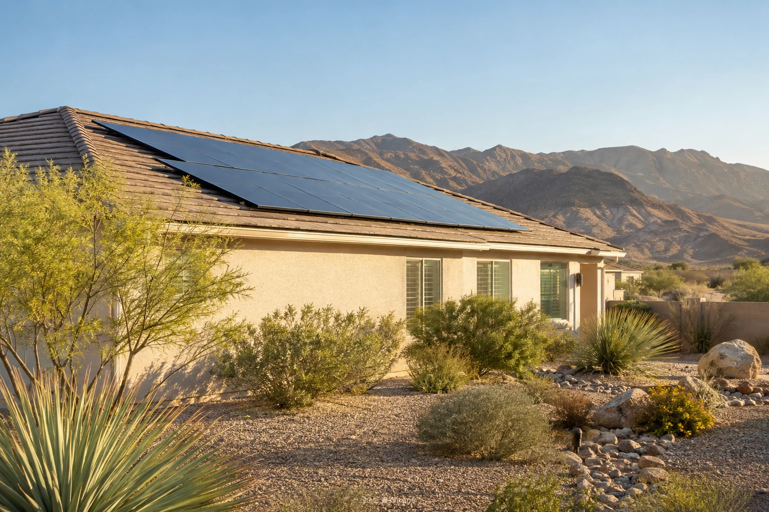 A single story solar home with a gravel garden