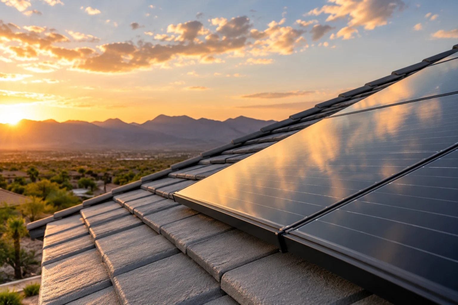 Dark solar panels above modern gray roof tiles