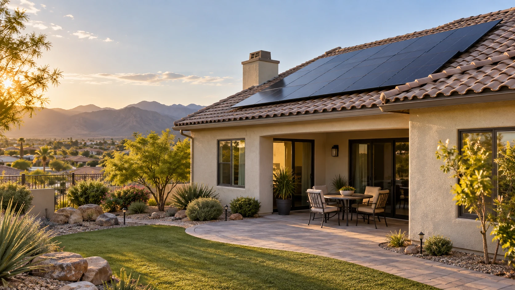 Solar roof above a tidy desert backyard with a small shaded table