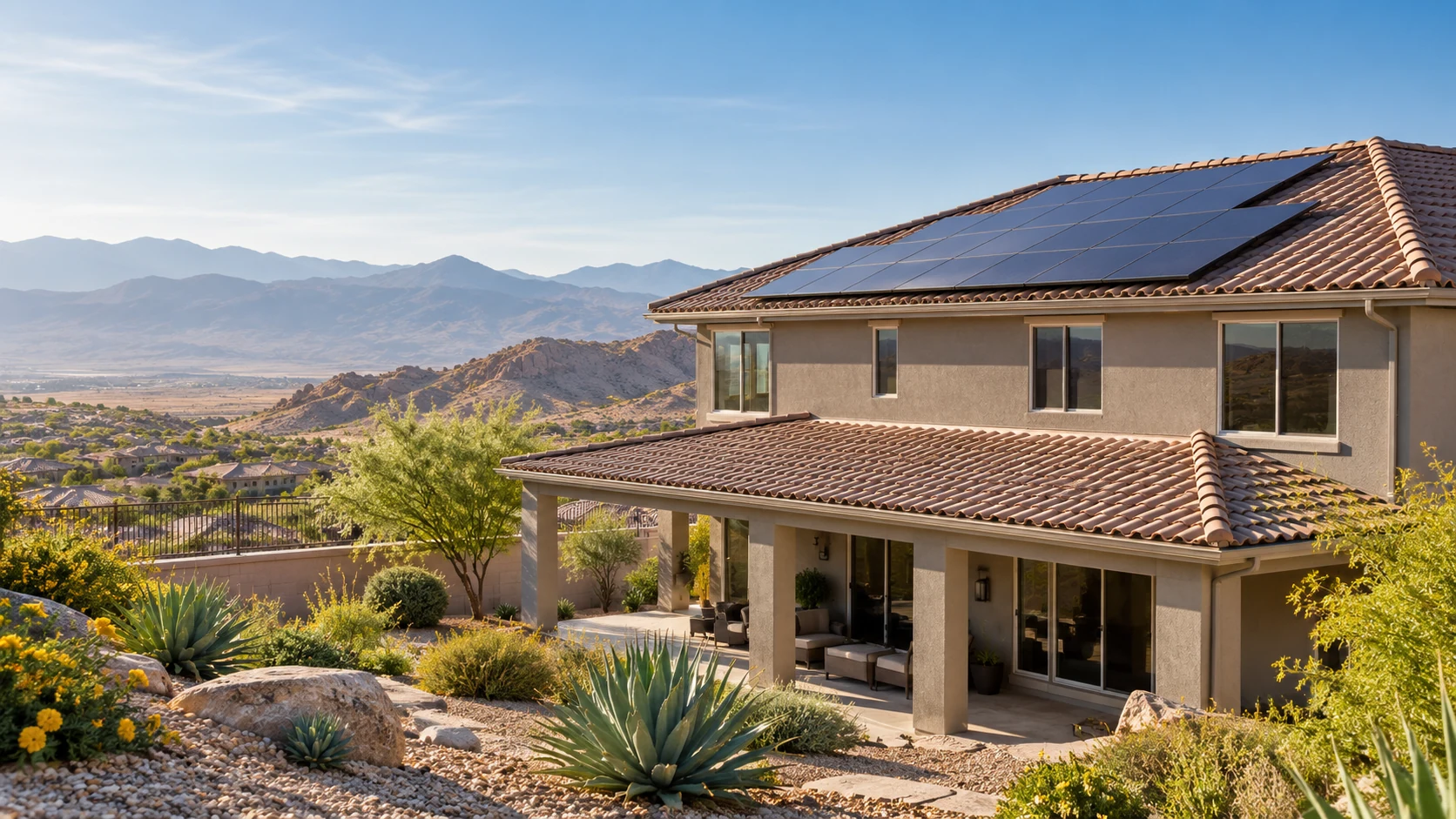Solar panels on a taupe stucco home beside pale desert hills