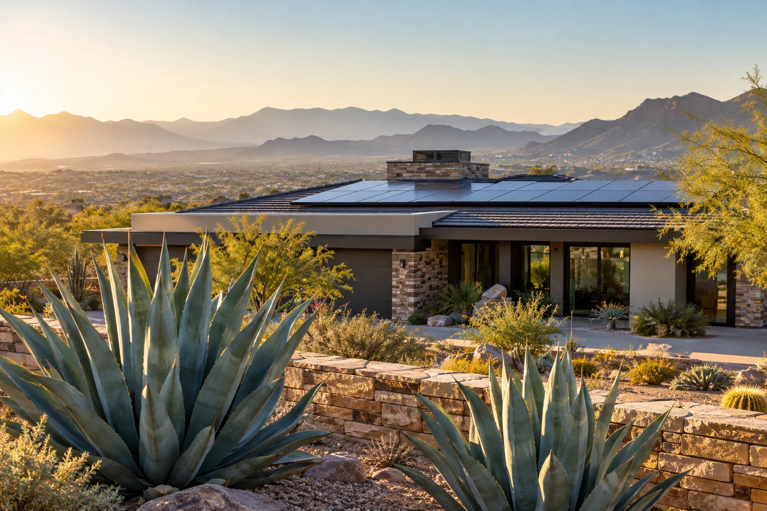 Agave landscaping near a contemporary desert solar home