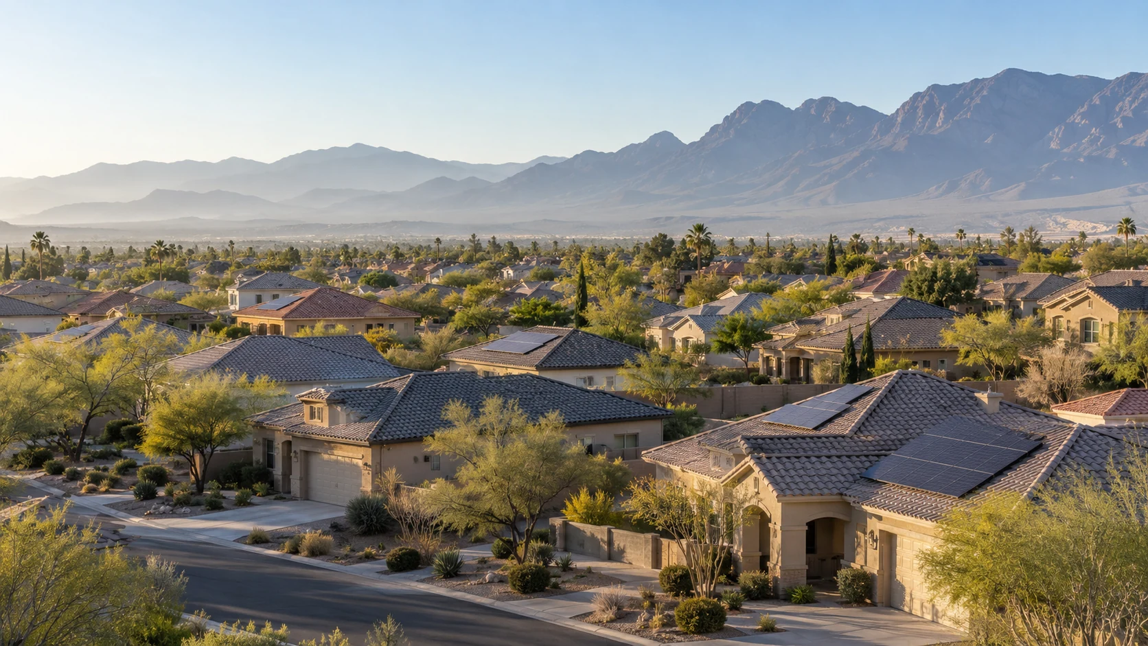 Solar rooftops among desert homes with a distant mountain ridge
