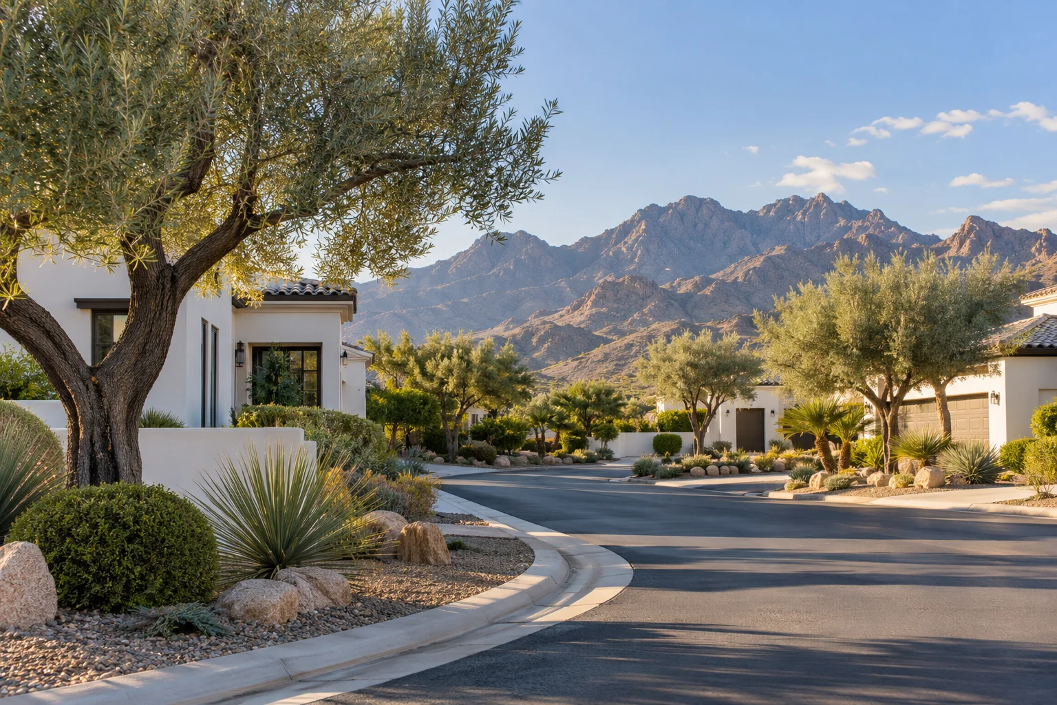Desert neighborhood homes beneath distant mountain ridges