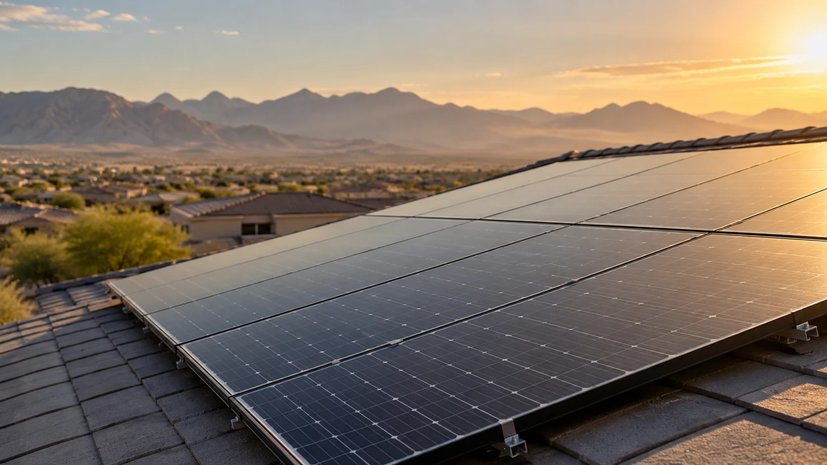 Solar panels above charcoal roof tiles with warm desert light on the glass