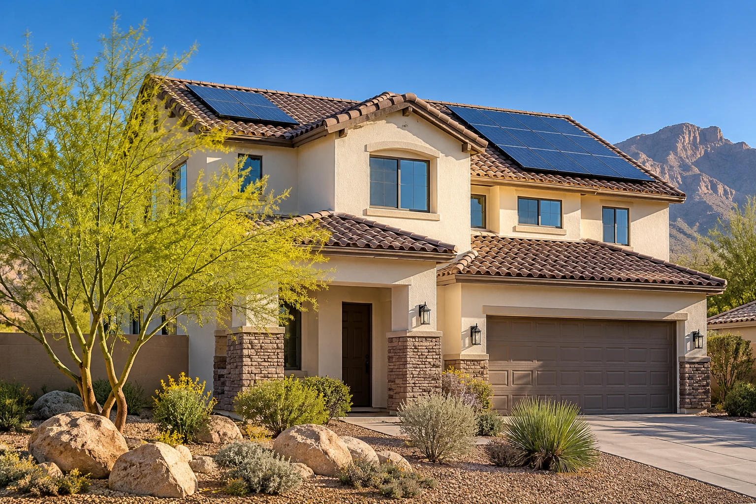 Desert boulders beside a cream stucco solar home
