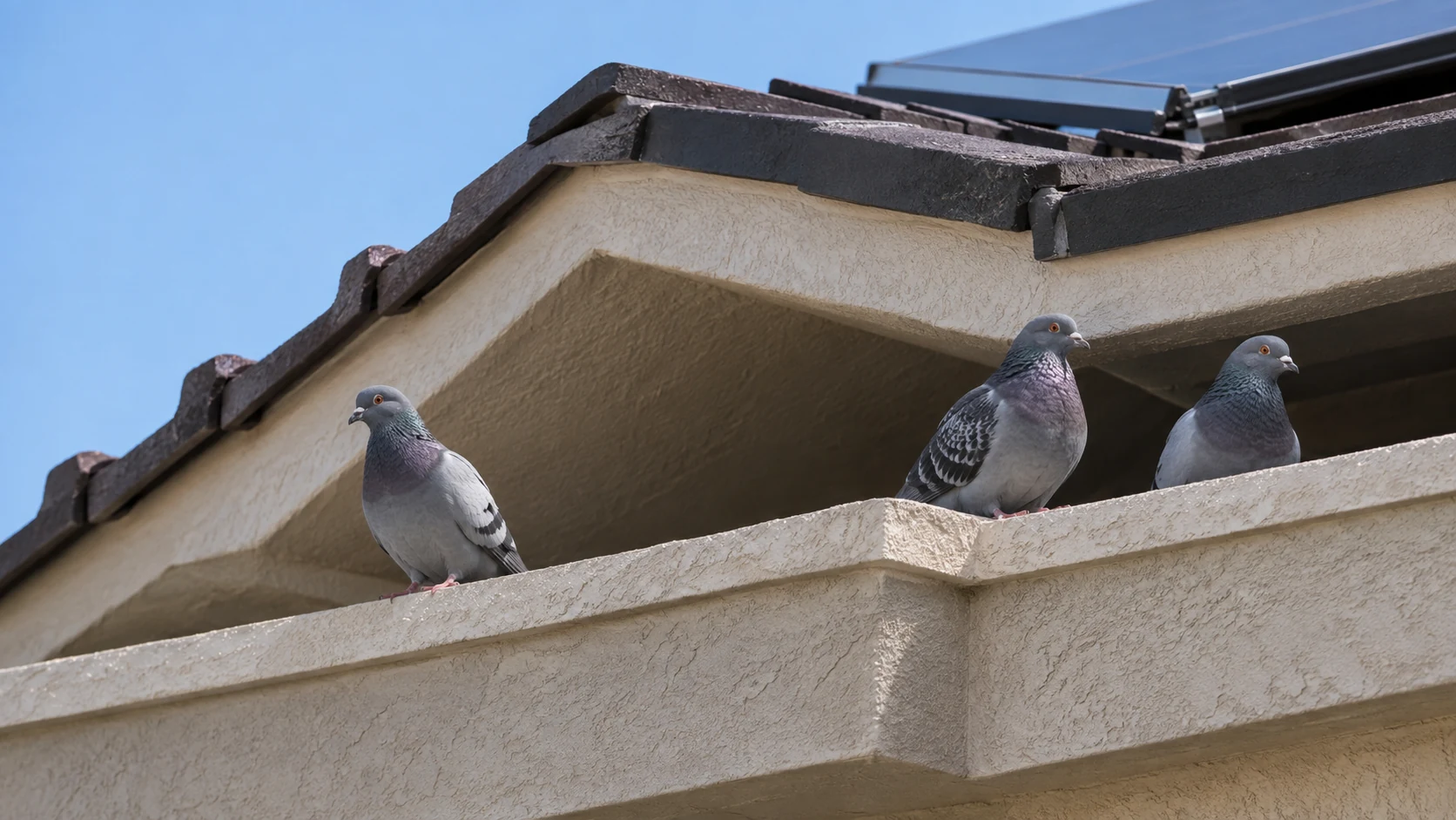 Three pigeons resting near a shaded stucco roof return