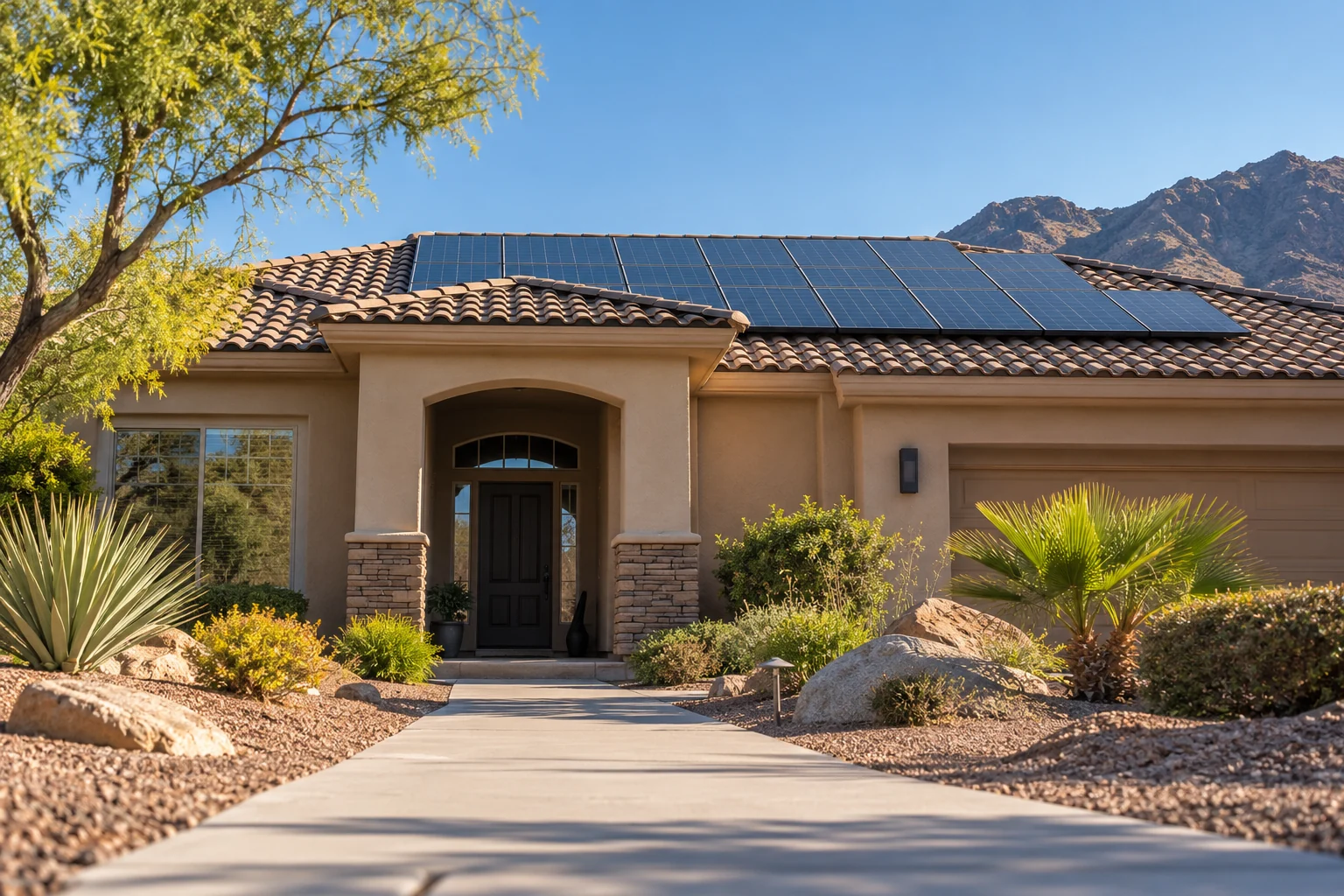 Front path leading to a tan stucco solar home