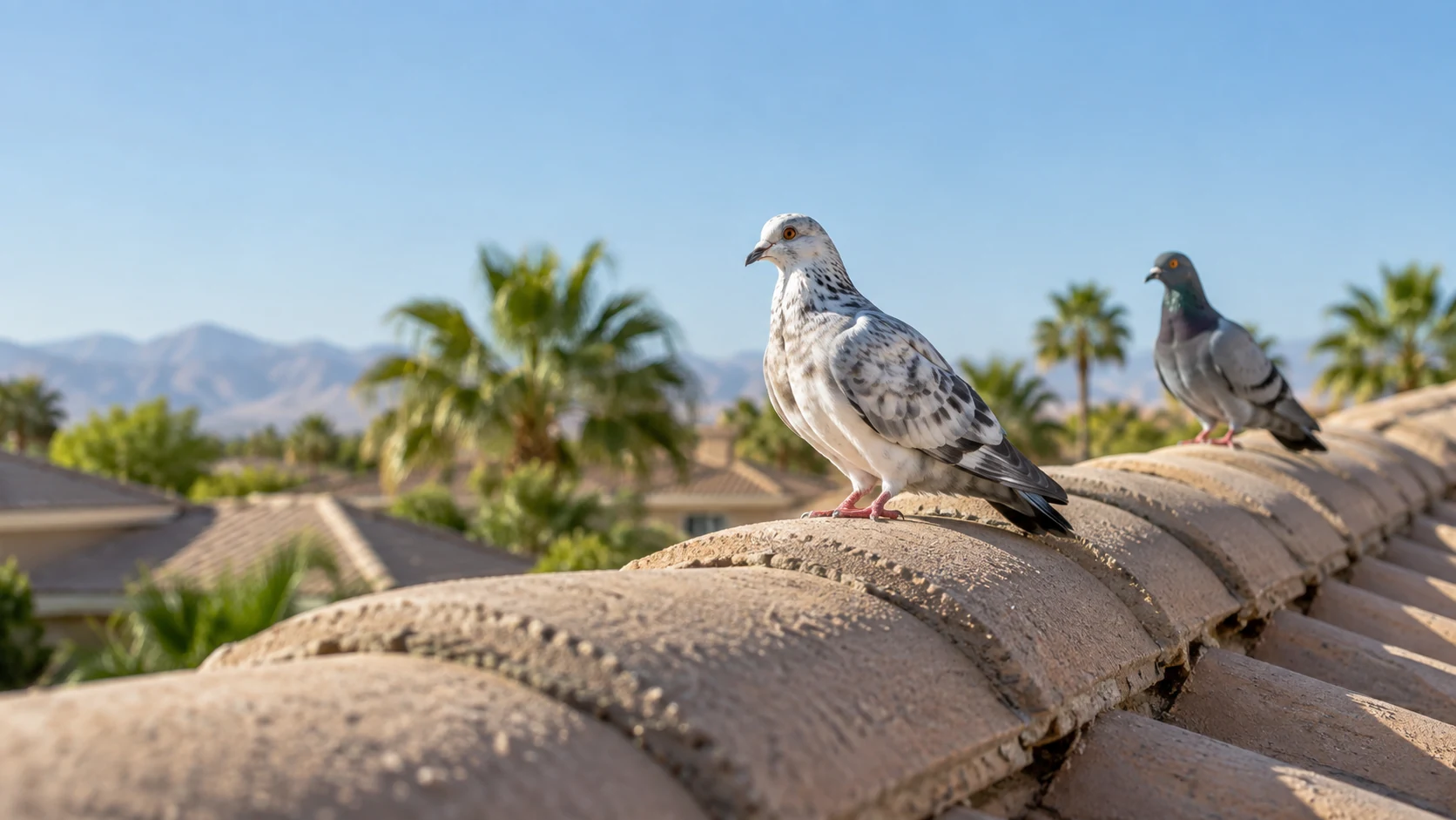 Two pigeons perched along a sand colored clay roof ridge