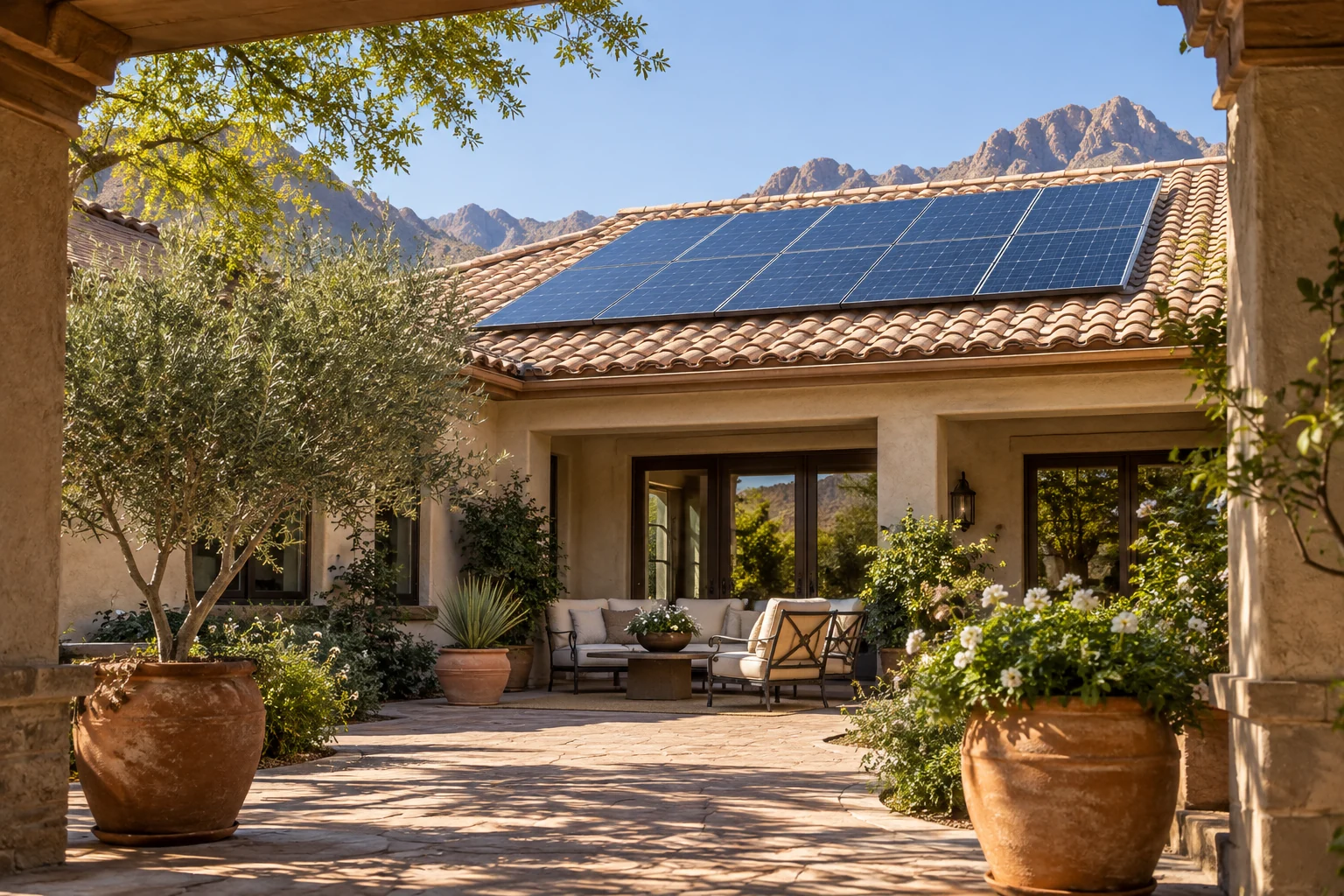 A shaded courtyard beneath a residential solar array