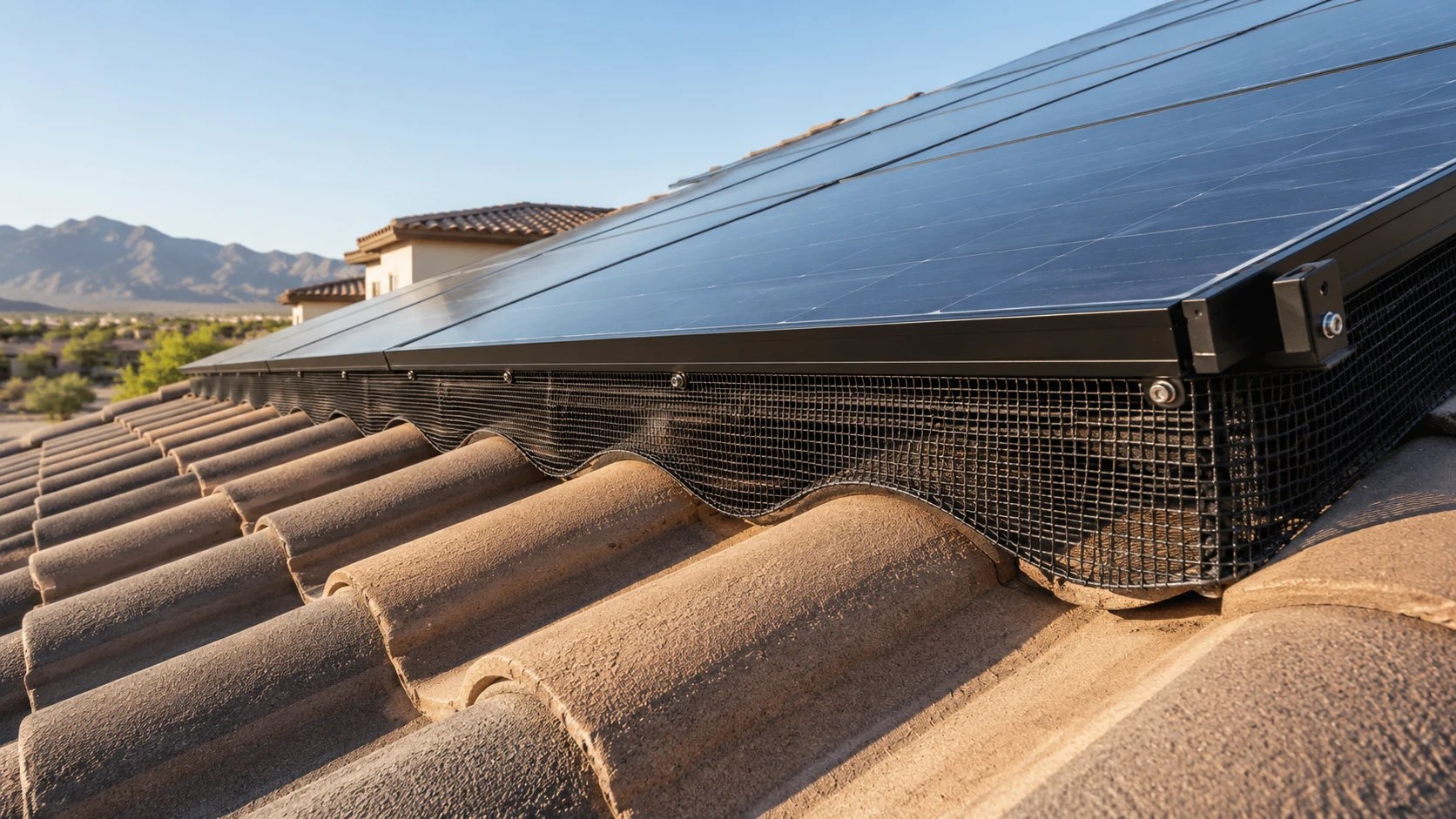 Black solar mesh barrier following the contours of brown roof tiles