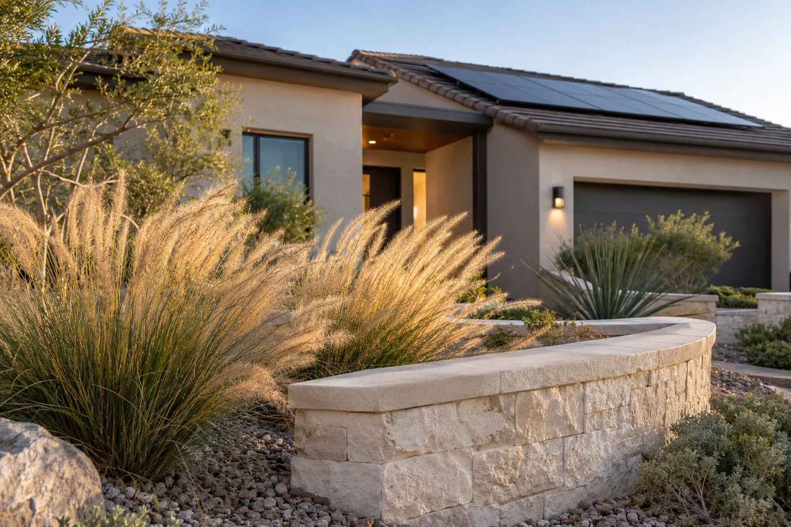 Desert grasses in front of a dark residential solar roof