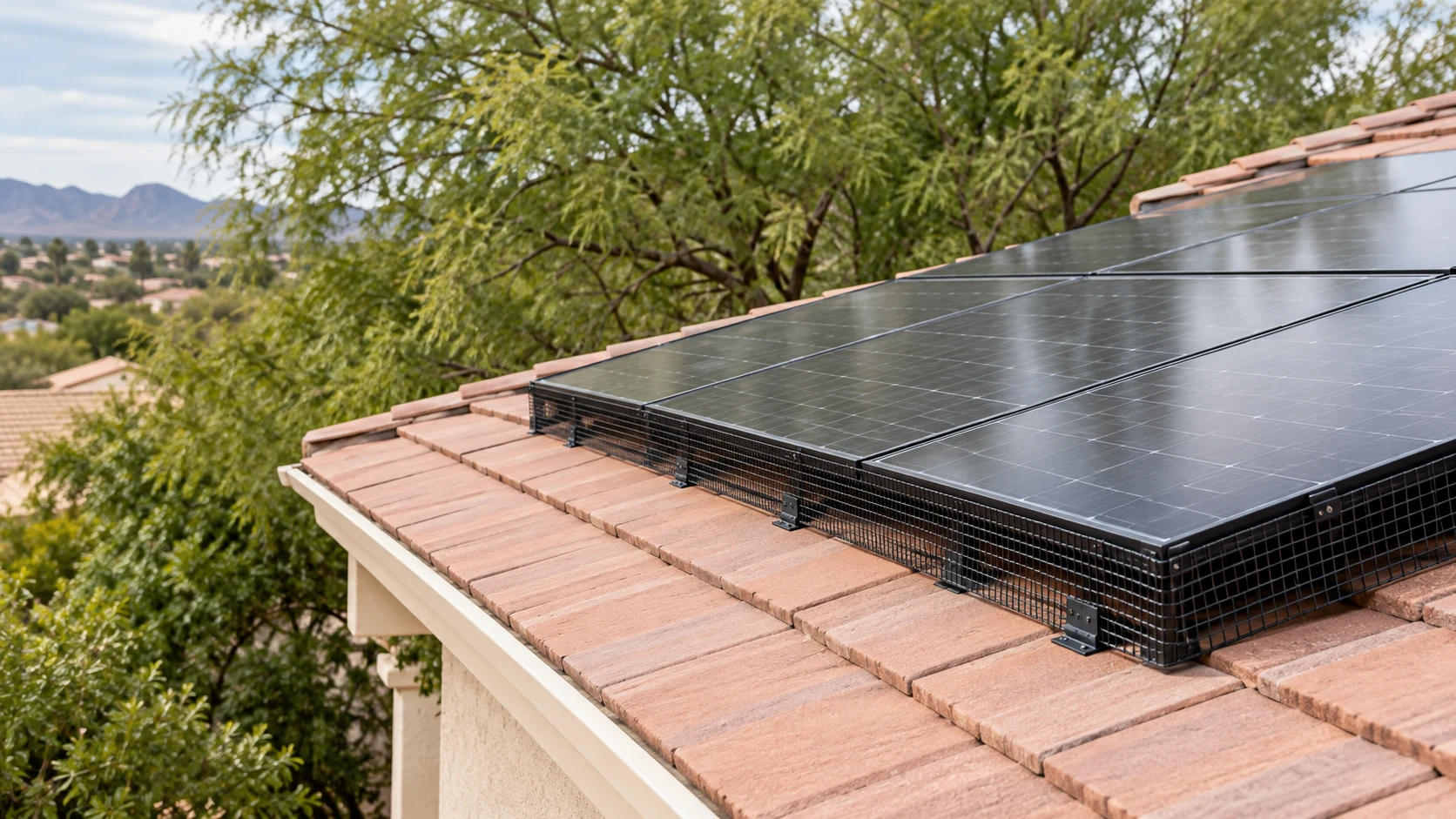 Black mesh guard wrapping around a solar array corner above reddish roof tiles