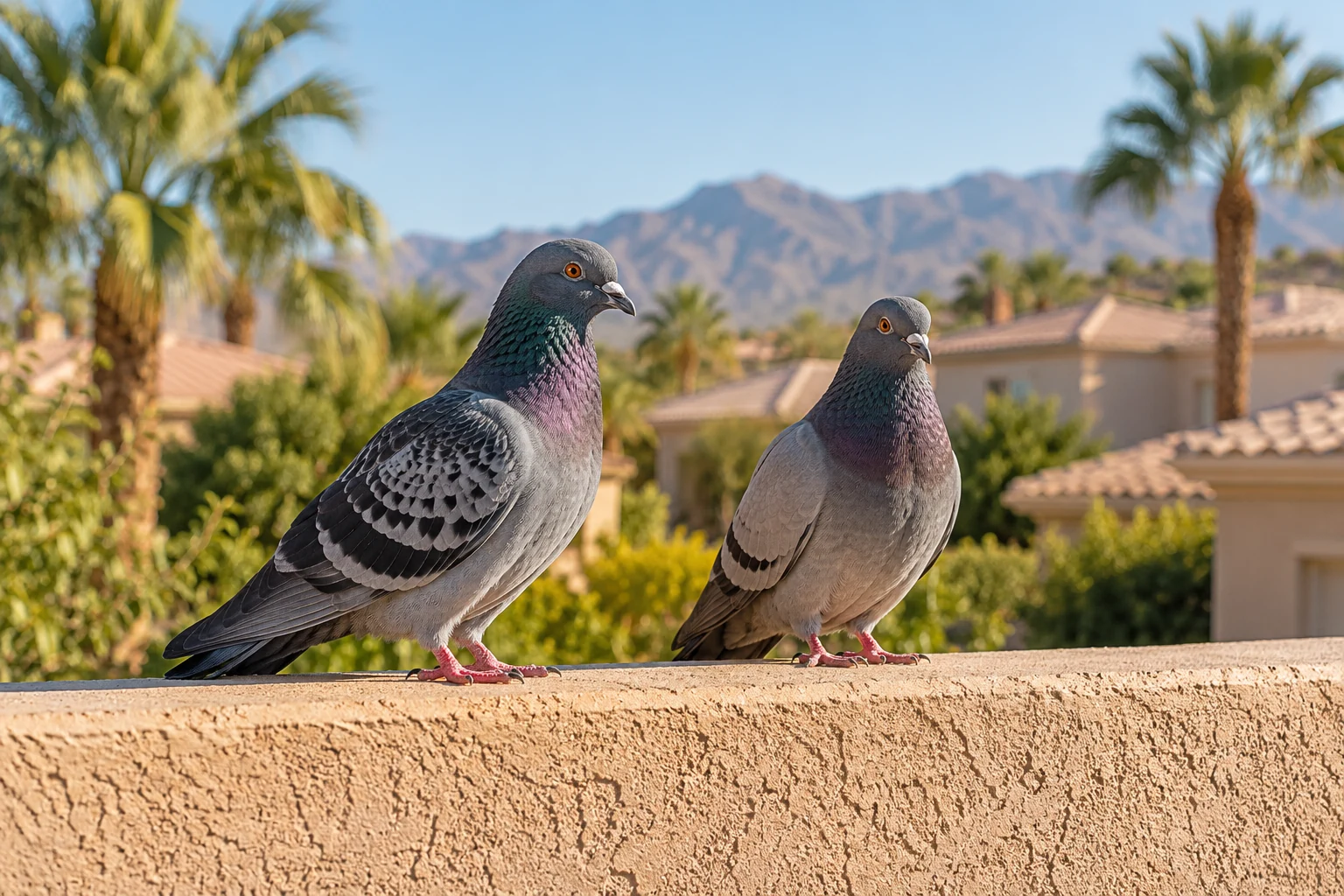 Two pigeons resting on a stucco garden wall