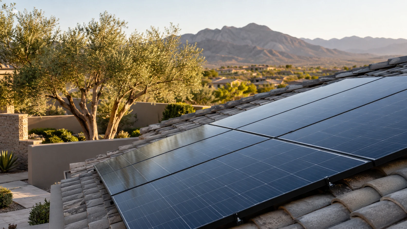 Blue solar panels on gray tiles overlooking an olive tree courtyard
