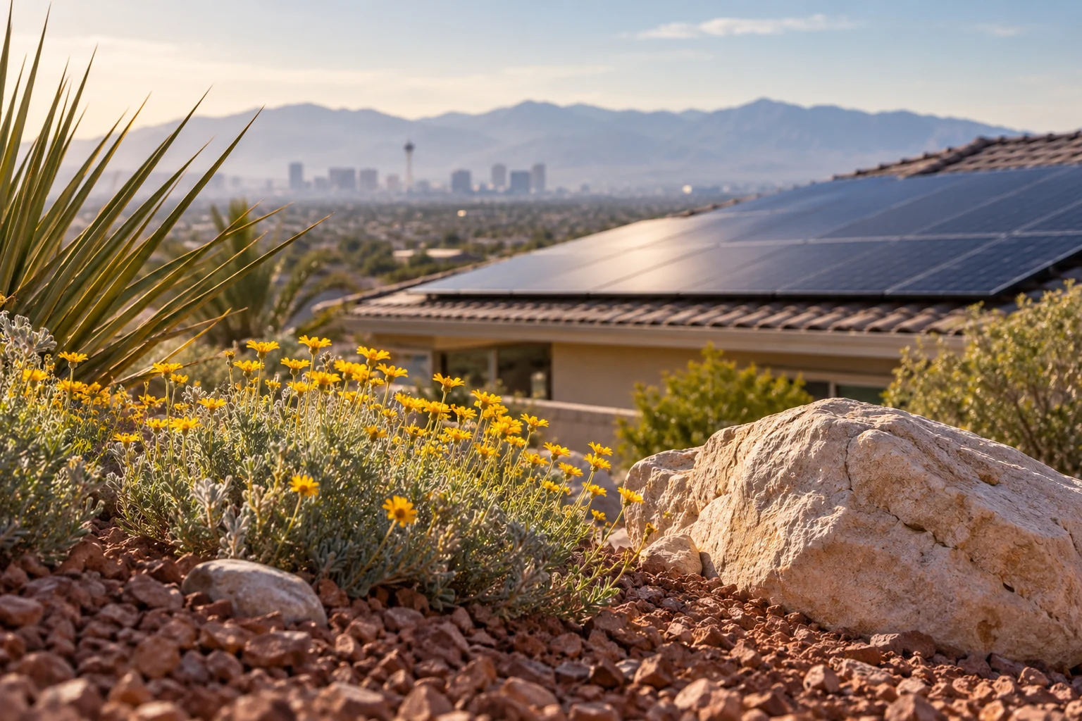 Desert landscaping with a solar rooftop in the background