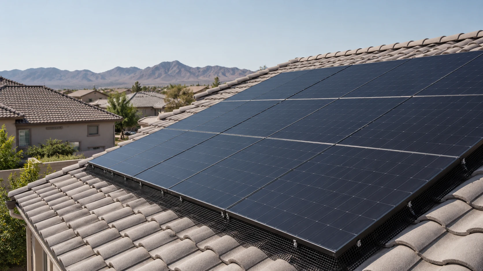 Clean solar panels with black perimeter mesh above pale curved roof tiles