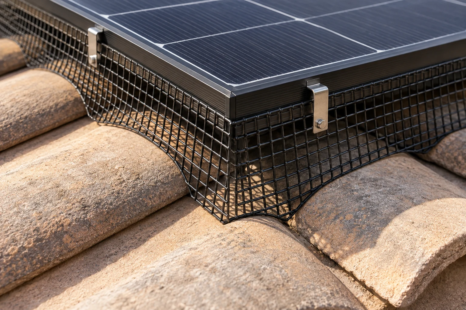 Black bird exclusion mesh following roof tile contours around a solar panel corner
