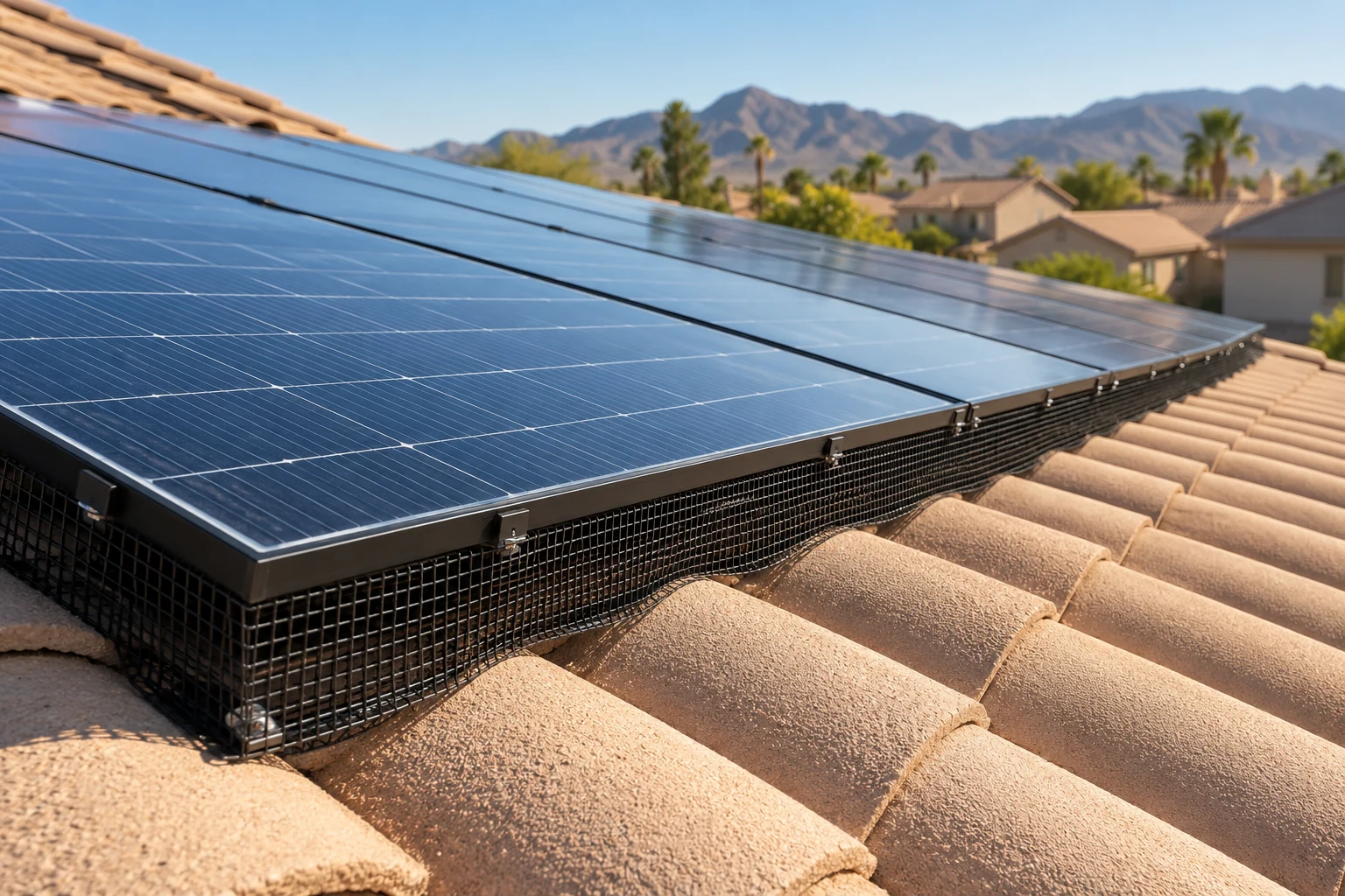 Close rooftop view of solar panel perimeter protection