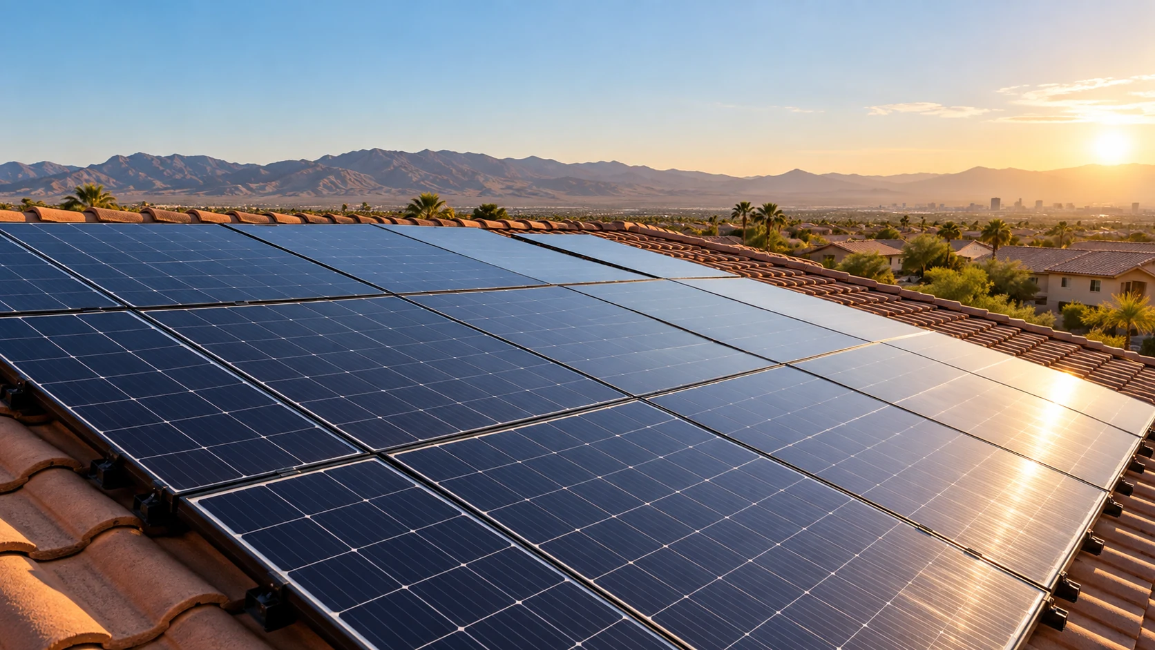 Clean solar panels across a desert roof in warm light