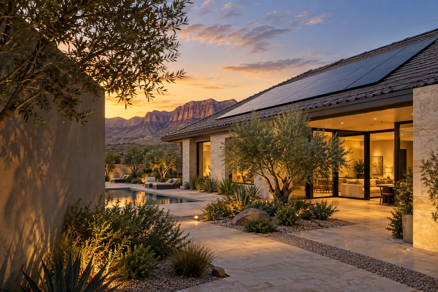 Solar panels above a contemporary desert courtyard glowing in evening light