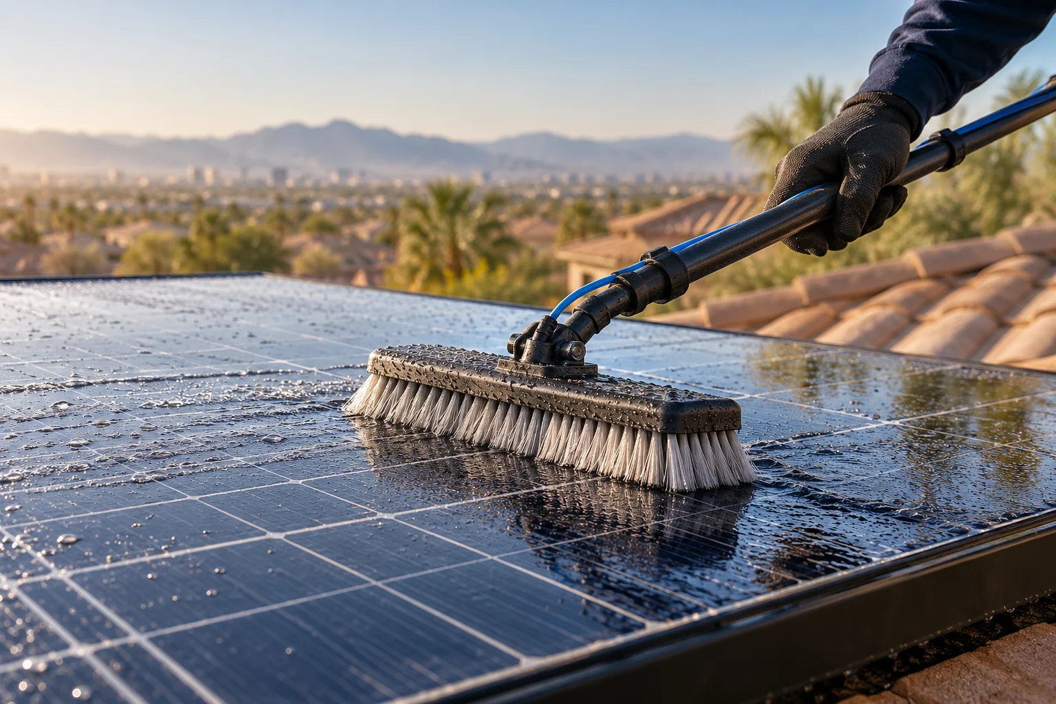 Gloved hand holding a water fed pole with a soft brush on wet solar panel glass