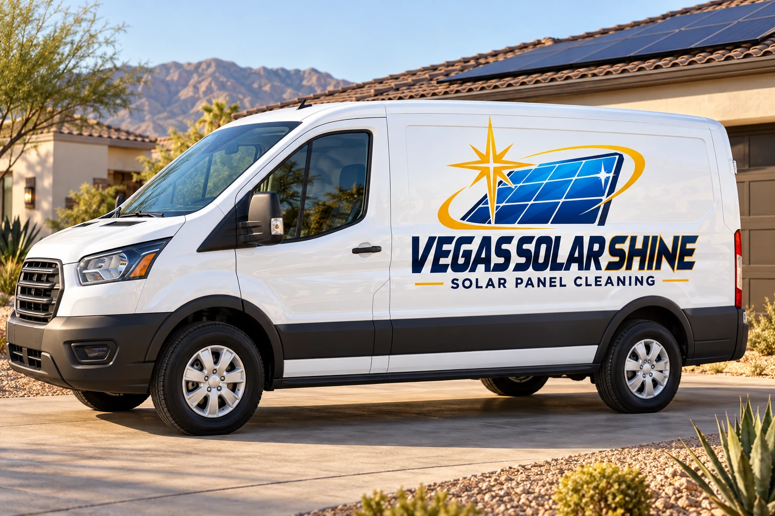 Illustrative white van displaying the Vegas Solar Shine logo beside a desert home with rooftop solar panels
