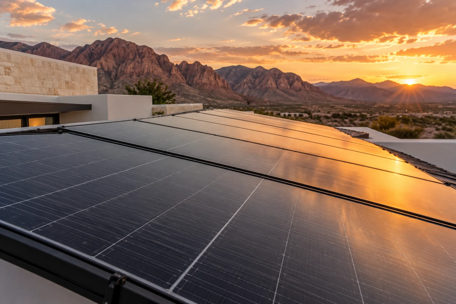 Clean solar panels reflecting sunset beside a modern desert home and mountain ridge