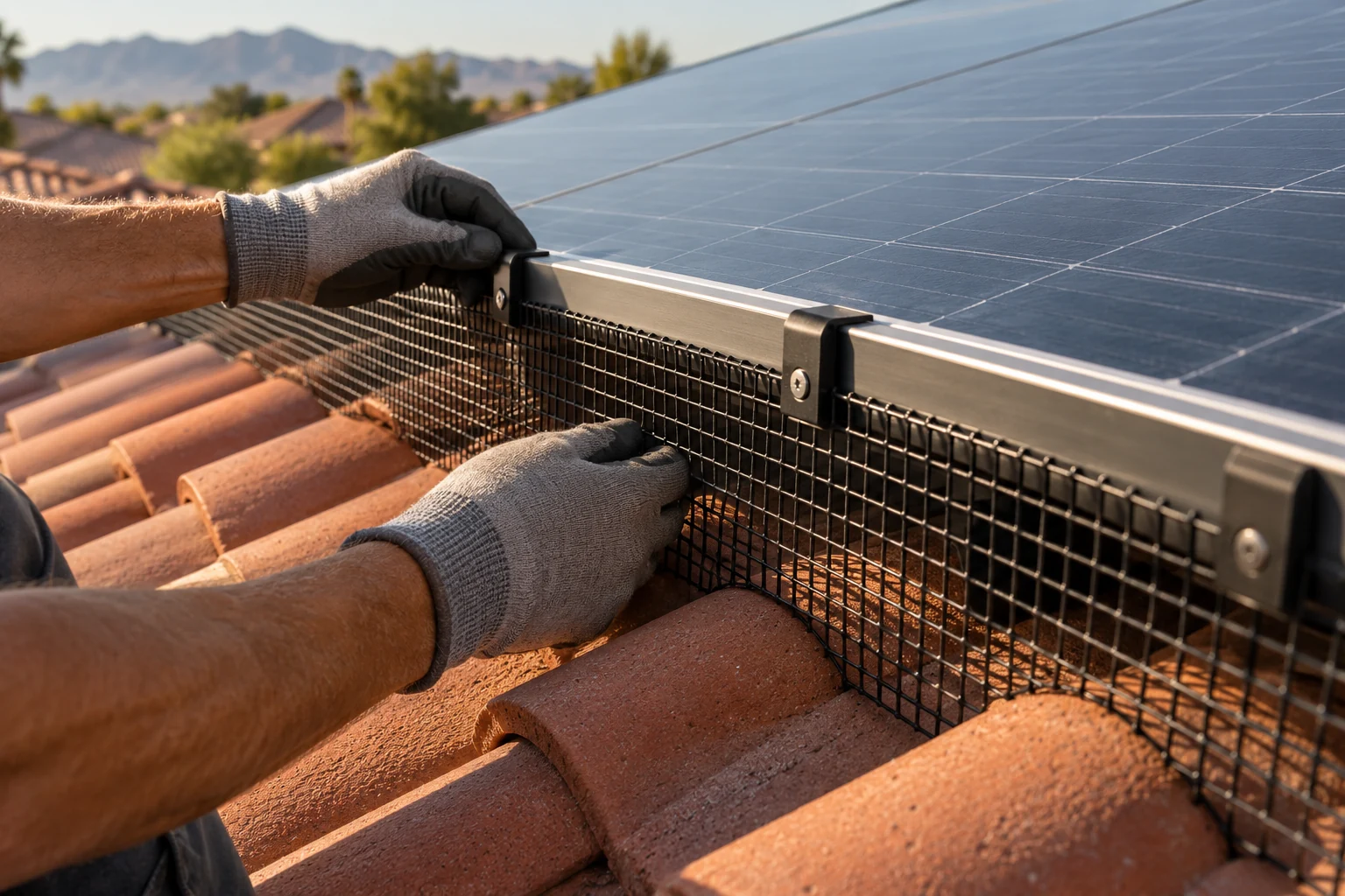 Gloved hands fitting black bird exclusion mesh along a solar panel frame