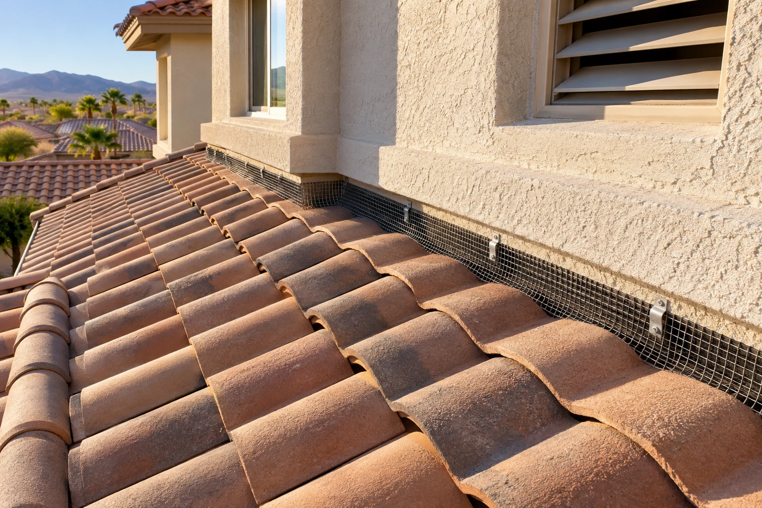 Welded mesh fitted along the sheltered ledge where a tile roof meets a stucco wall