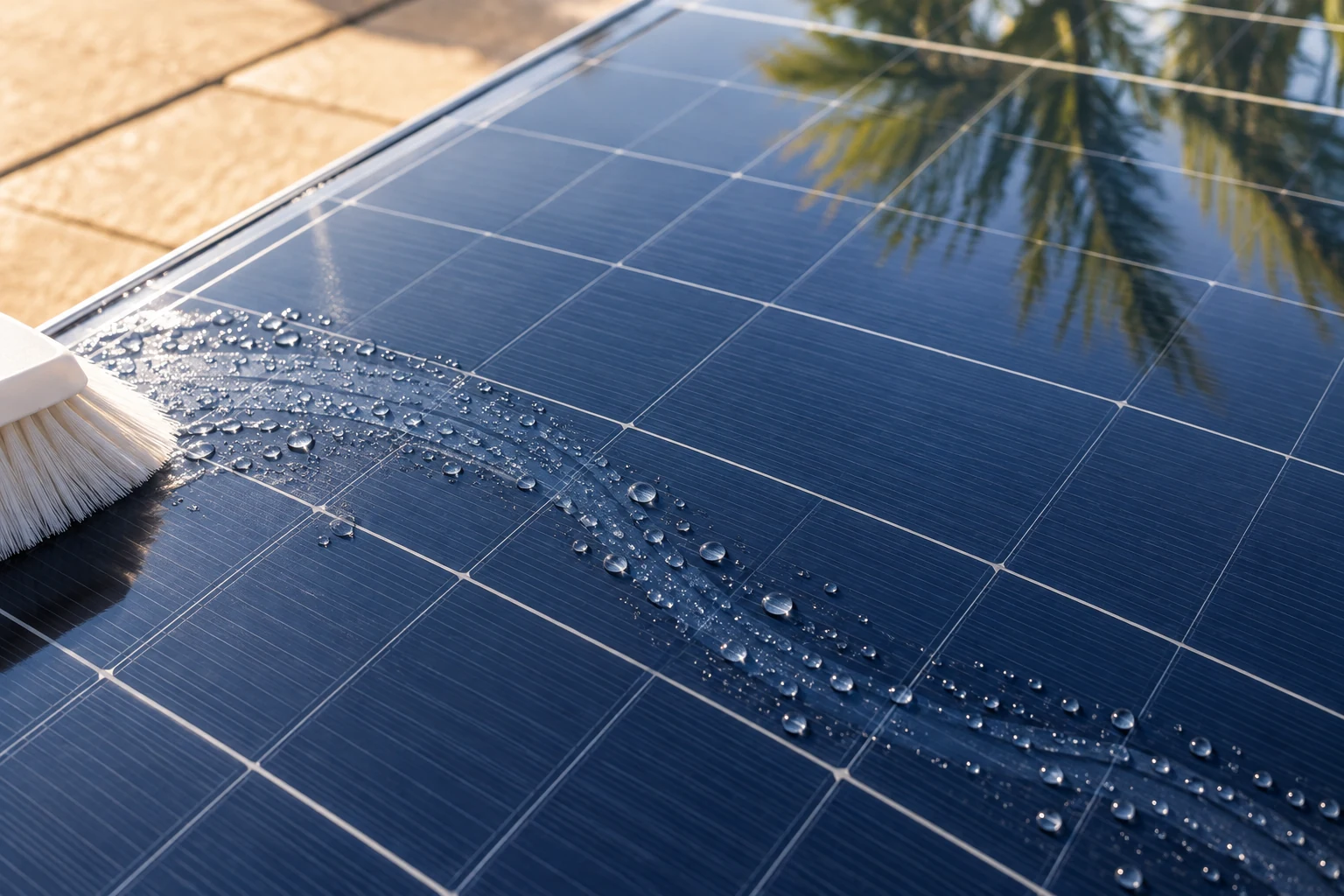 A white soft brush at the left edge of a solar panel leaves clear water beads across the glass.