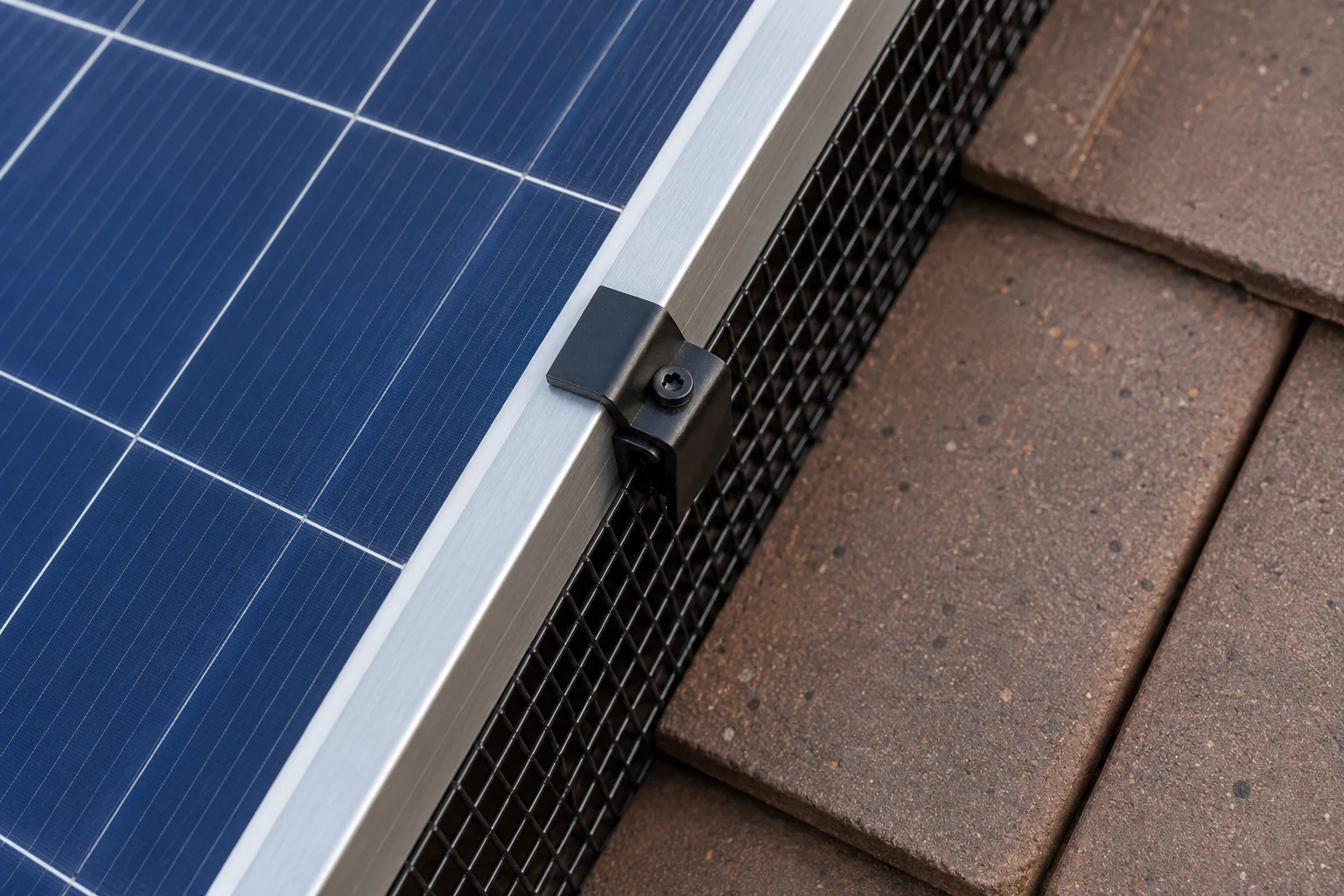 A black mesh guard meets a silver panel frame above brown flat roof tiles in an overhead view.