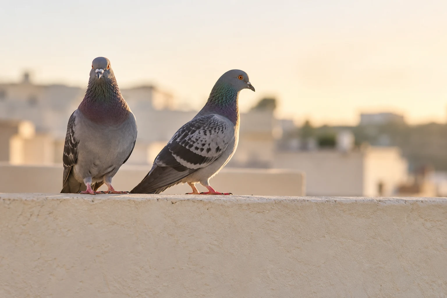 Two gray pigeons stand on a pale stucco roof parapet in soft backlight.
