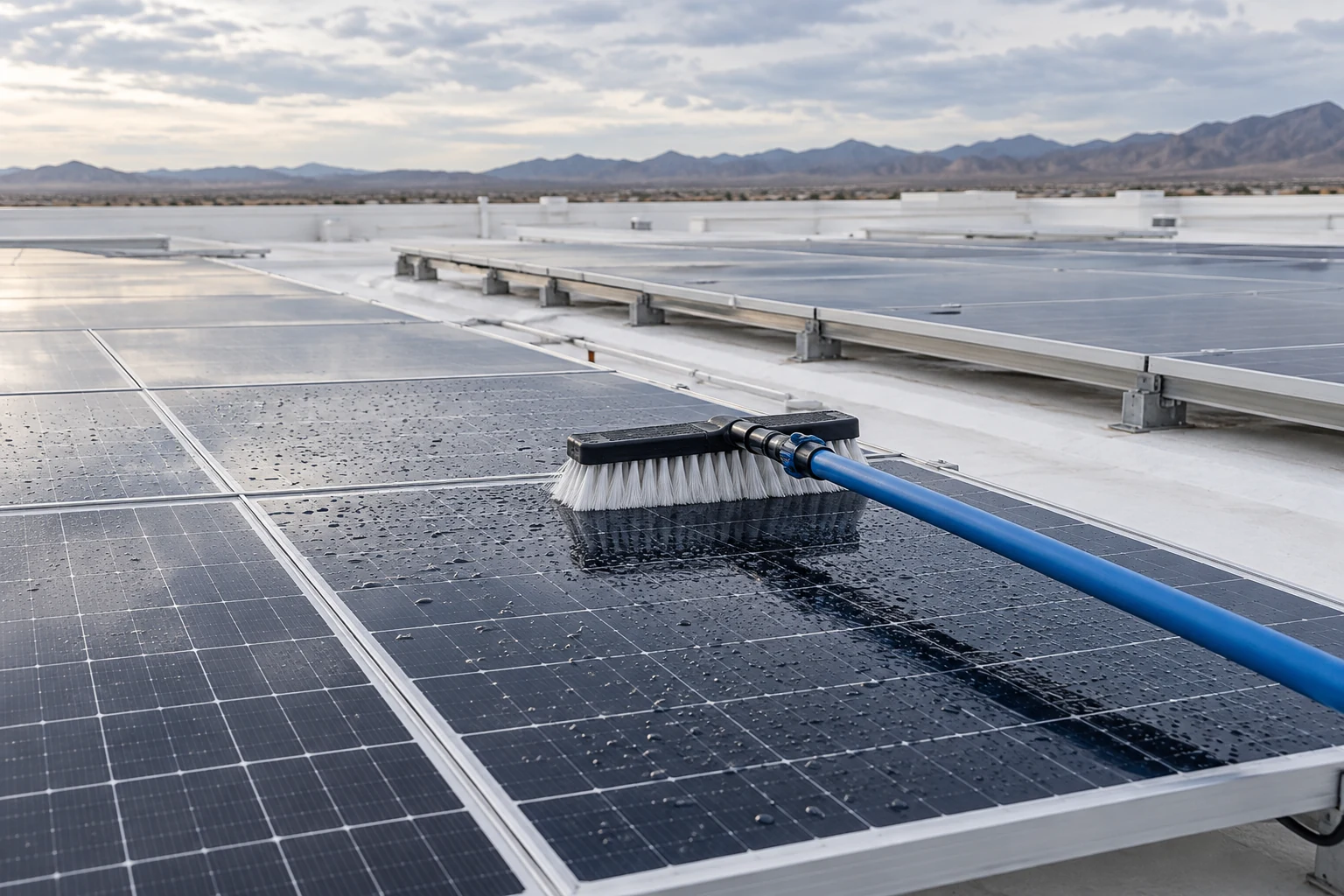 A soft brush on a long pole rests across a commercial solar panel with rows of modules behind it.