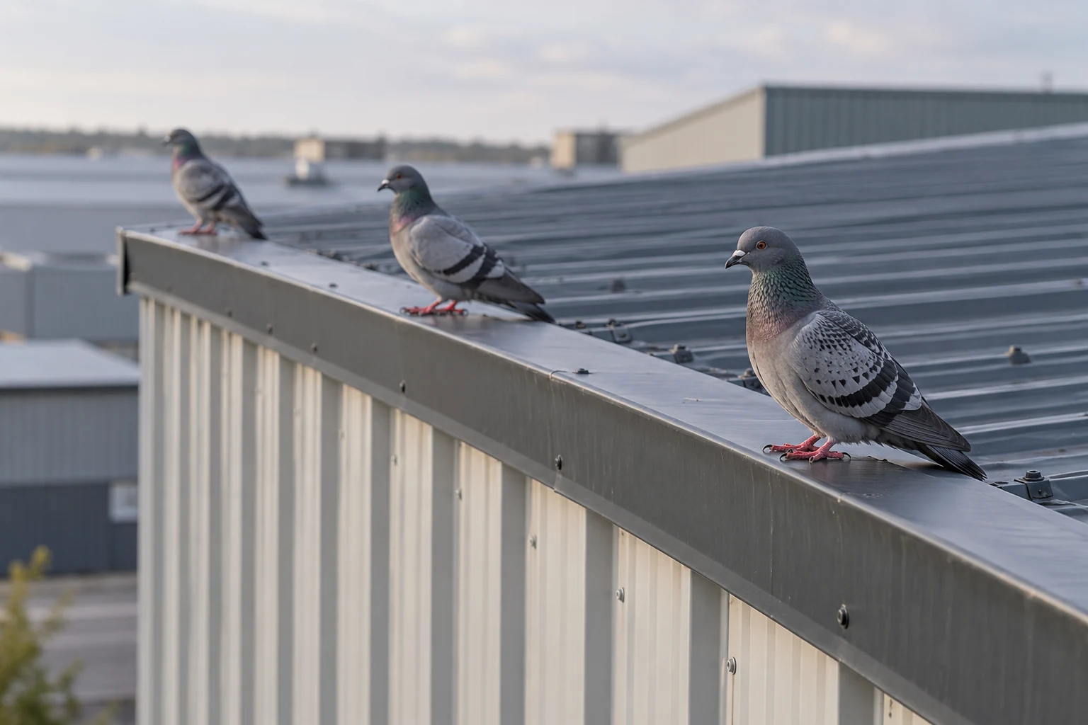 Three gray pigeons perch along a dark metal warehouse roof edge above corrugated wall panels.