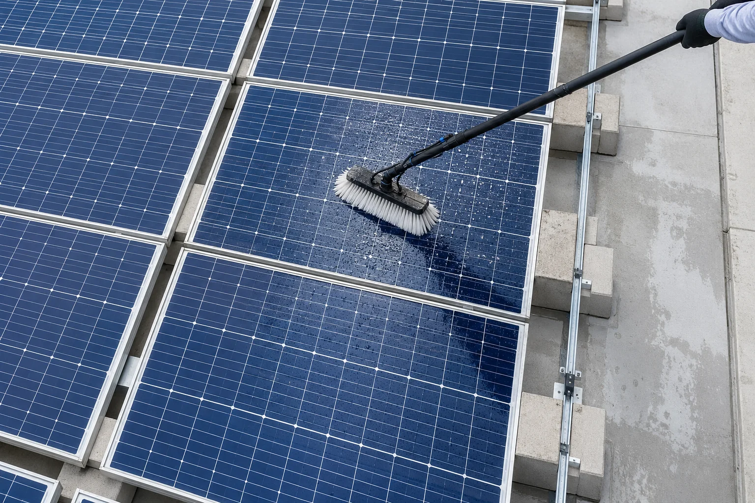Water fed brush washing a solar module beside a pale commercial rooftop walkway