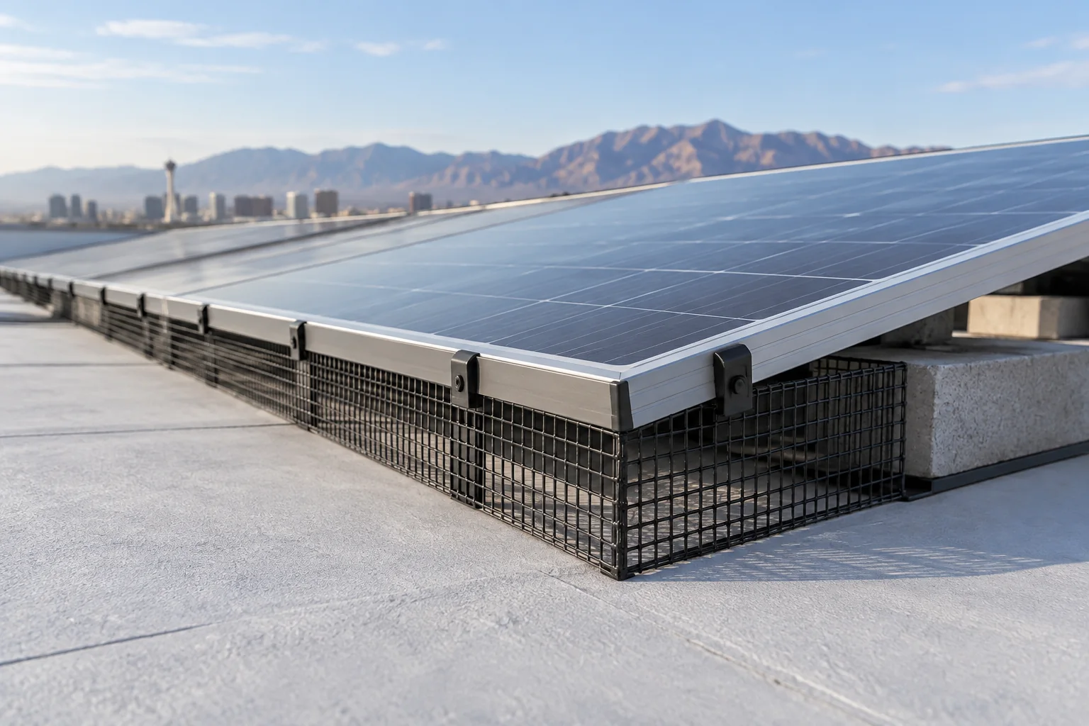 Fine black bird mesh beneath a low tilt commercial solar module on a flat roof
