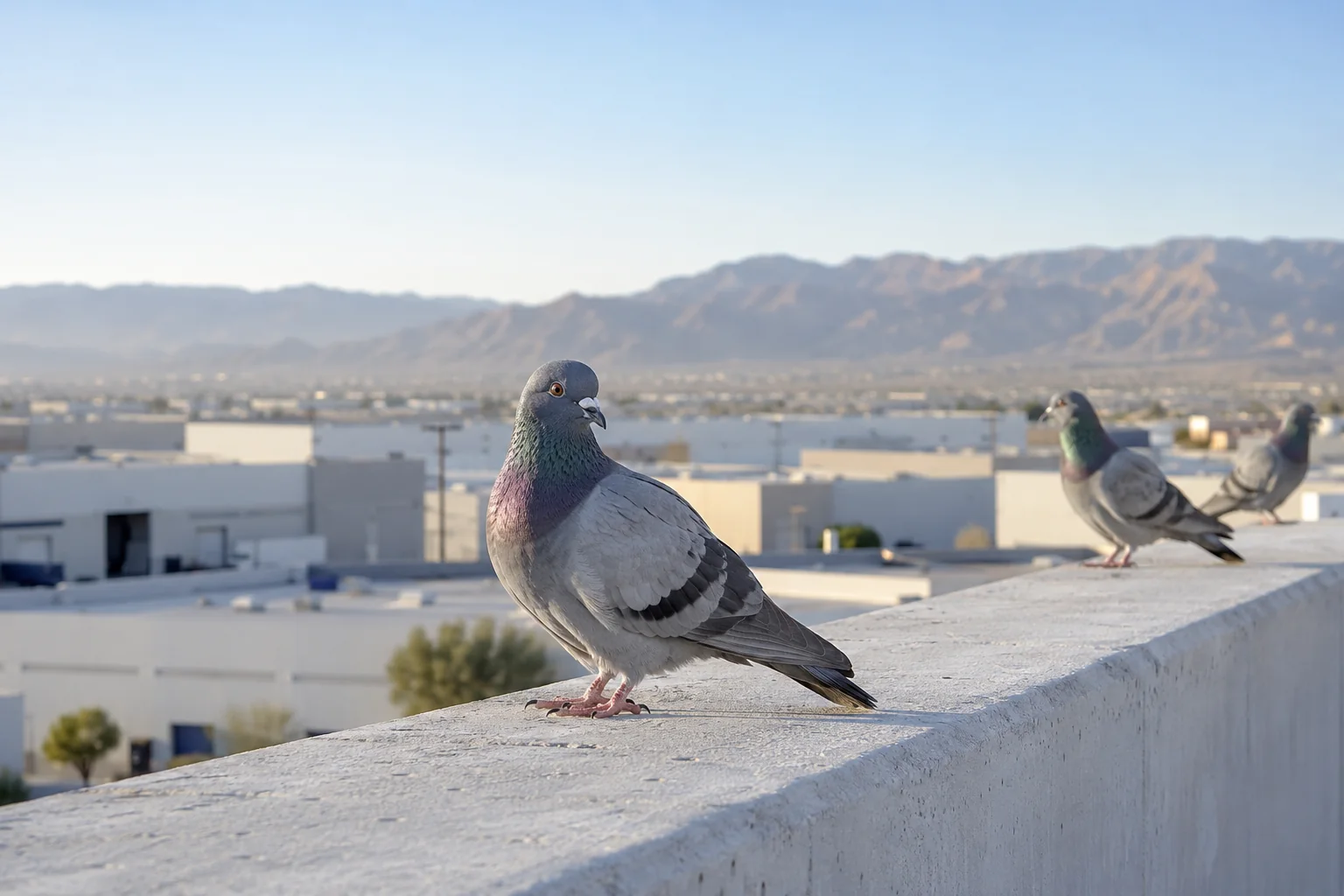 Three healthy gray pigeons on a low commercial parapet against a desert industrial backdrop