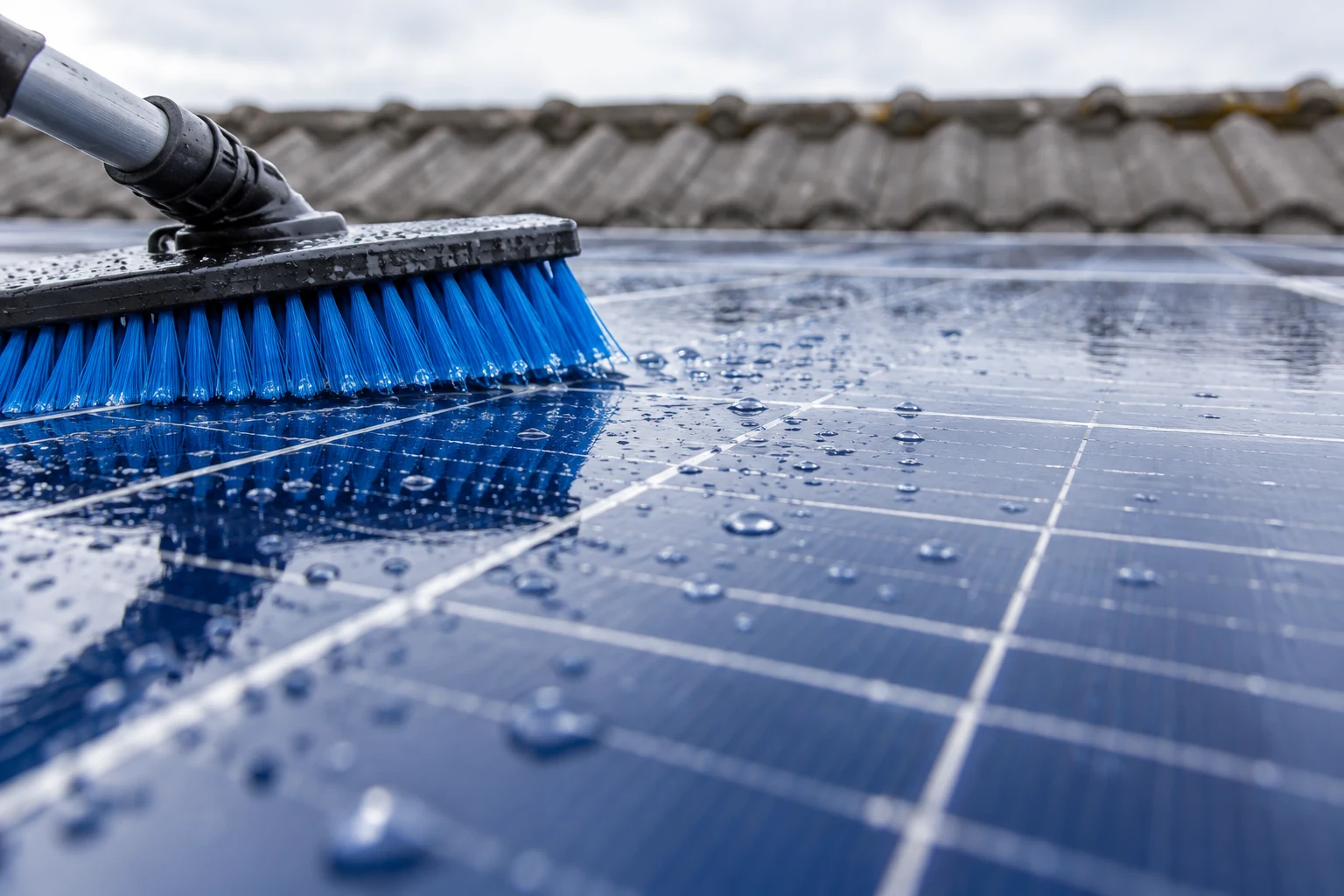 A blue soft bristle brush cleans wet blue solar glass beside flat gray roof tiles.