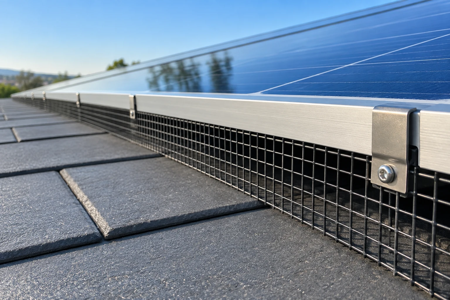 Black exclusion mesh runs beneath a silver solar panel frame above flat charcoal roof tiles.