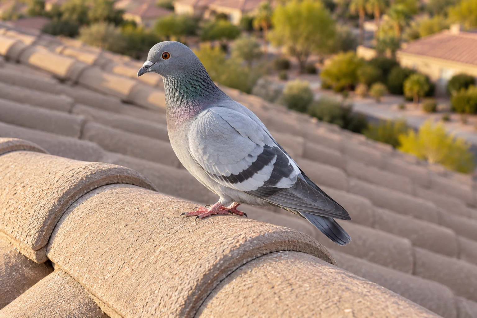 A pale gray pigeon rests on a tan roof cap above a blurred desert neighborhood.