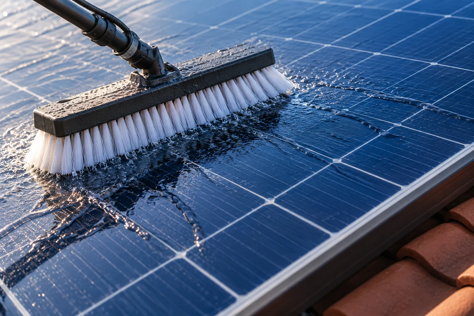 A soft brush rinsing water across blue solar glass beside a terracotta roof