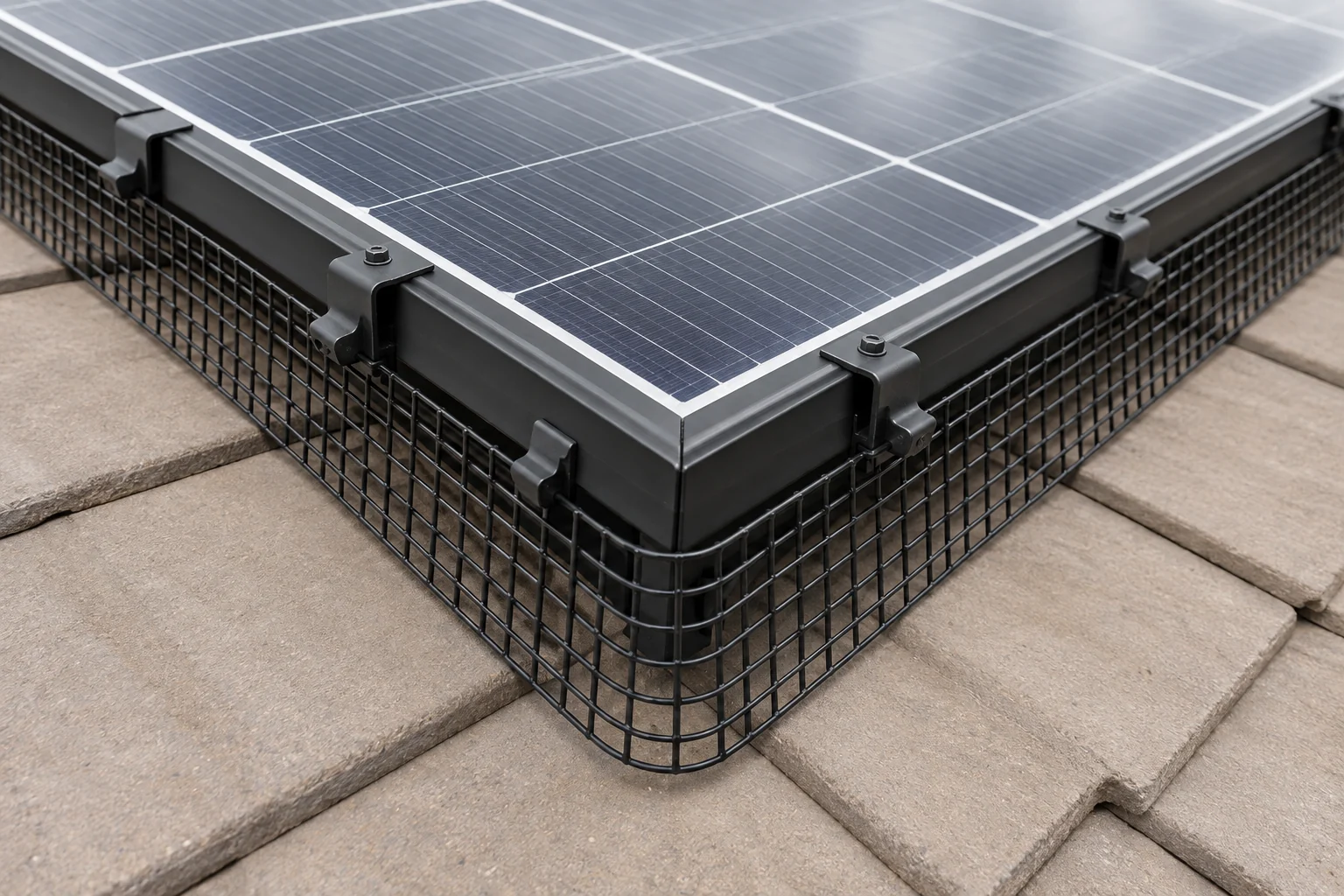 Black exclusion mesh wrapping around an outside corner of a solar panel array