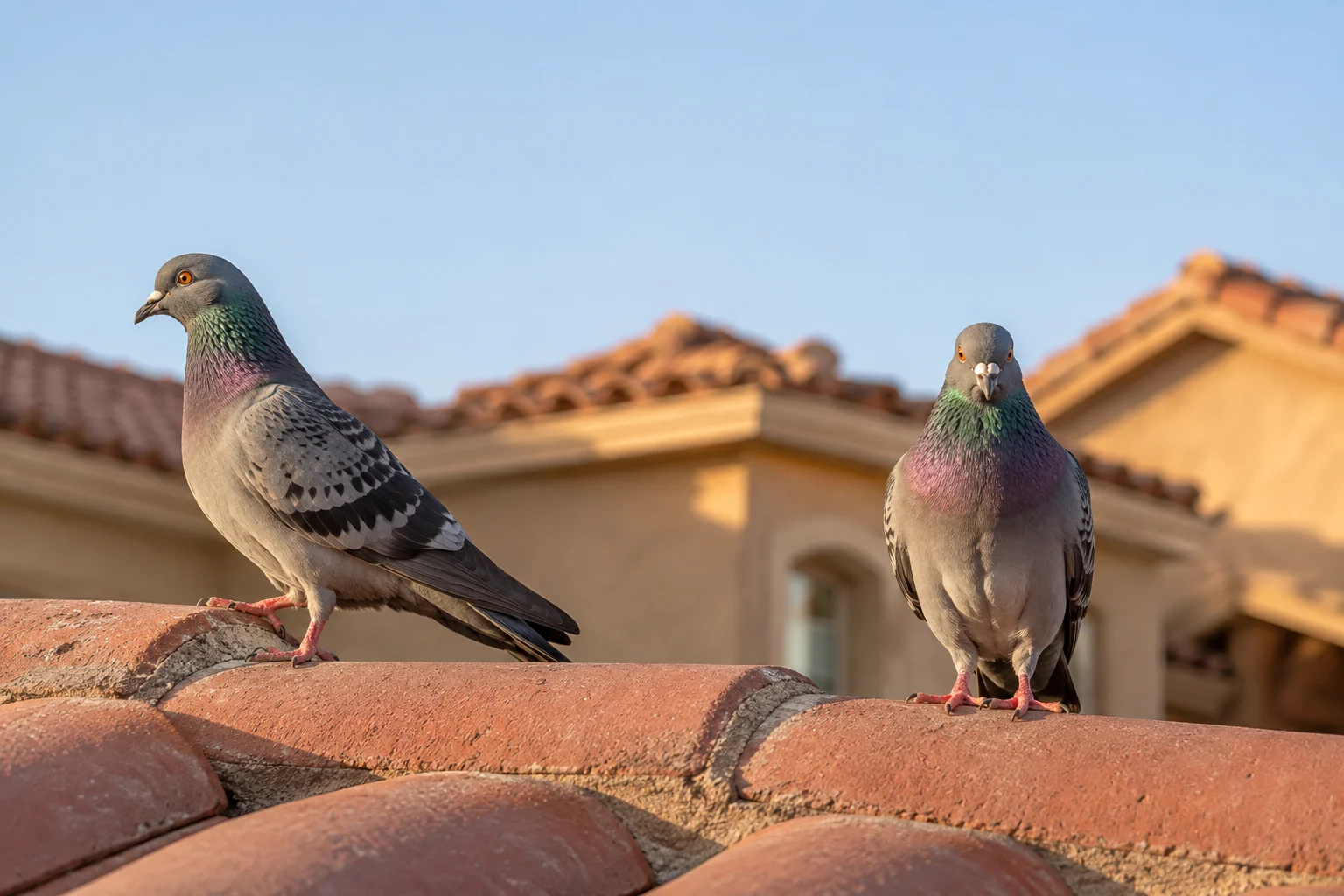 Two healthy gray pigeons resting on the ridge of a red tile roof