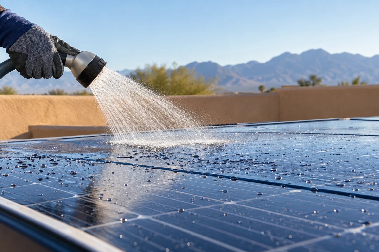 A gloved hand directing a gentle water rinse over a solar panel