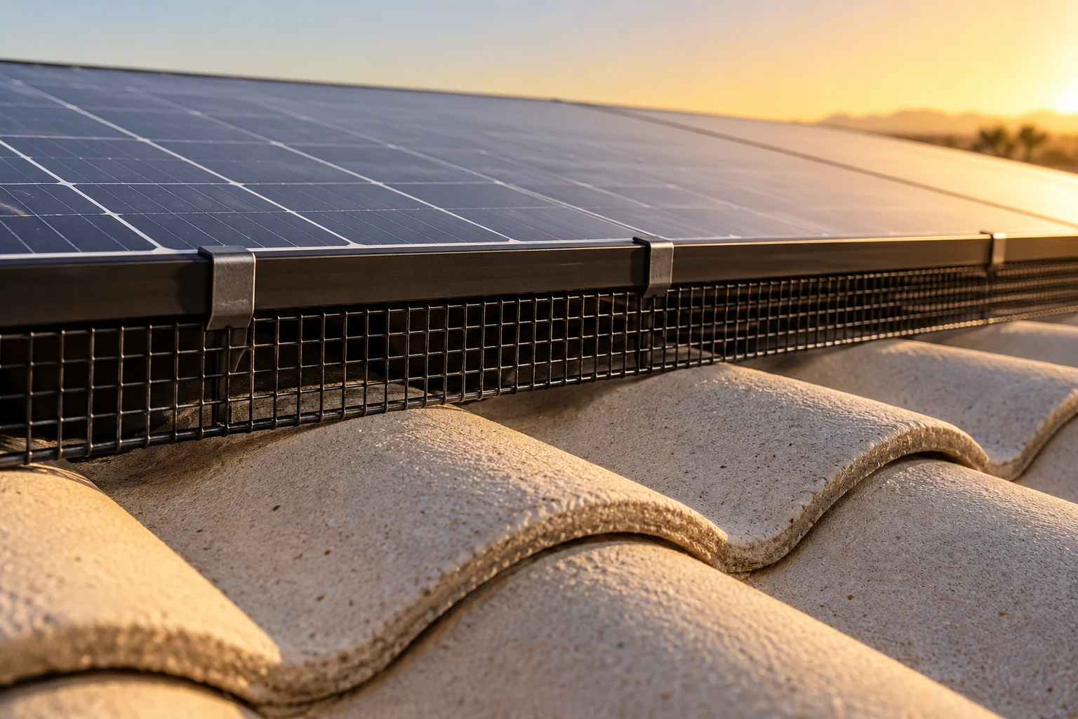 Installed black mesh along a solar panel edge above pale roof tiles