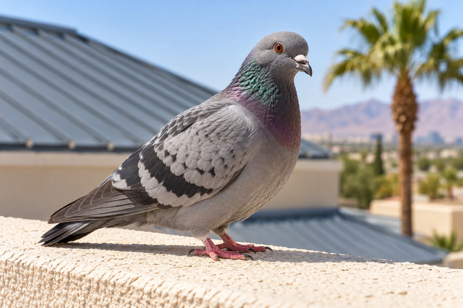 A healthy gray pigeon standing on a sunlit stucco roof ledge