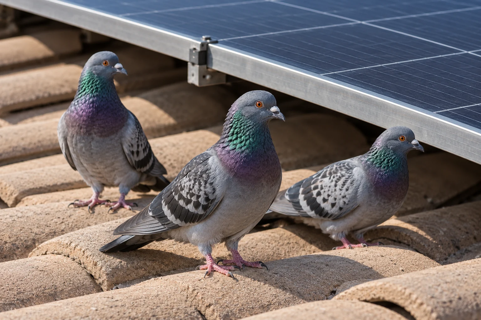 Three gray pigeons standing on roof tiles beside a solar panel