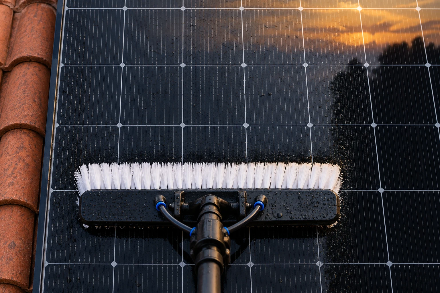 A soft white brush rests across wet black solar glass with red clay roof tiles along the edge.
