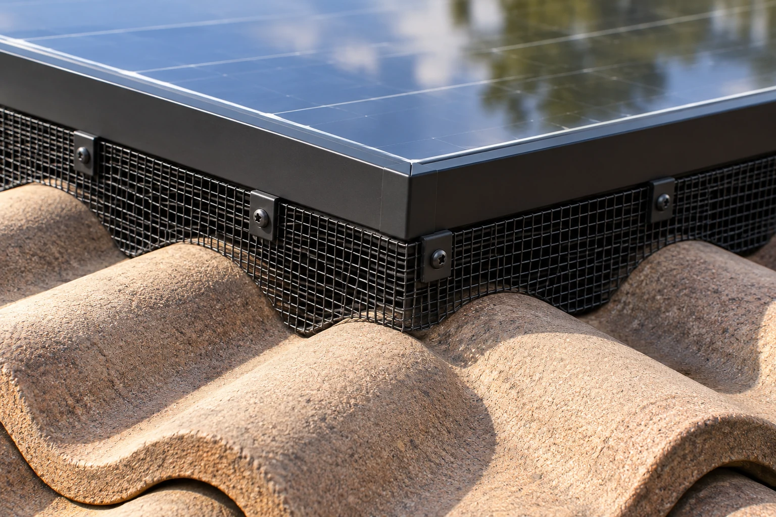 Black mesh follows a curved tile roof beneath the corner of a dark framed solar panel.