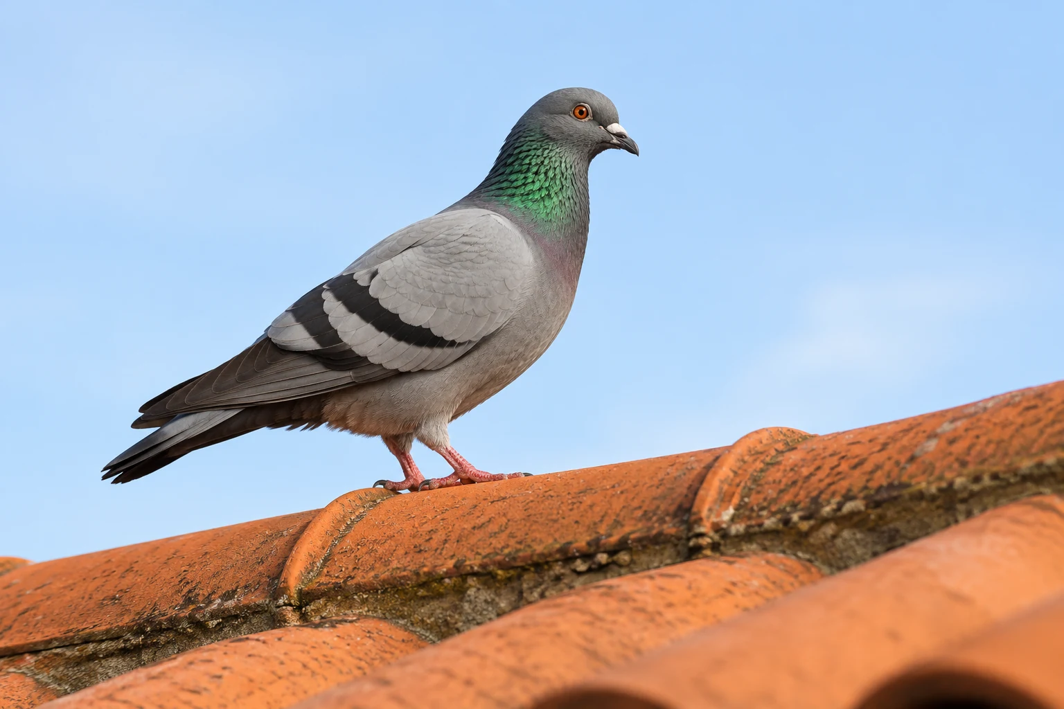 A gray pigeon stands in profile on an orange clay roof ridge beneath a clear desert sky.